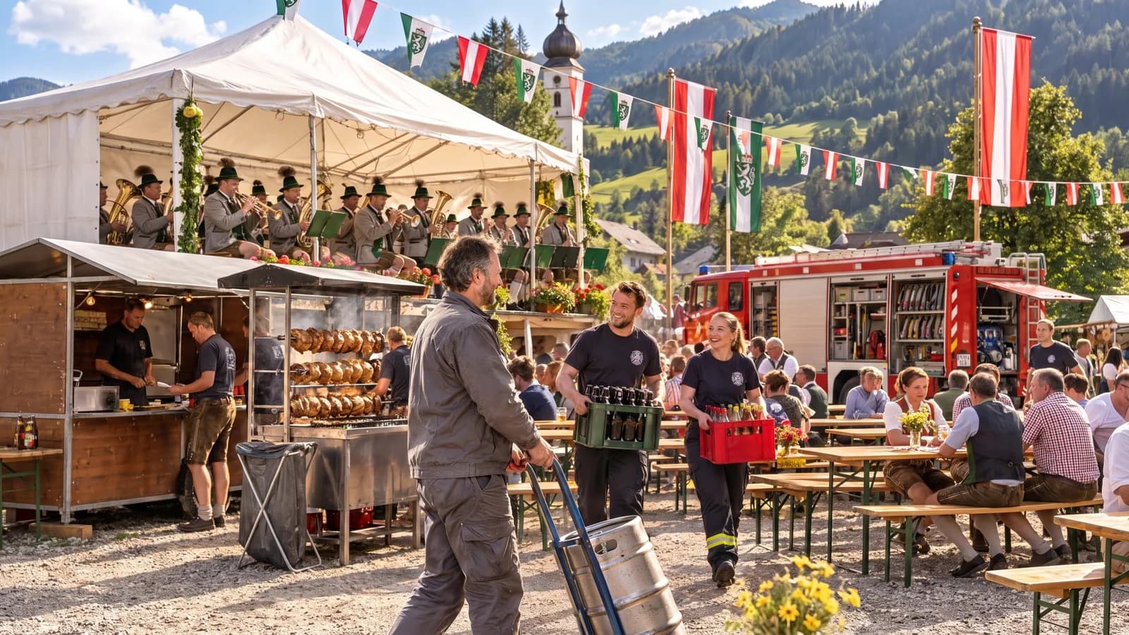 Vereinsfest mit Bierfass und Grillhendl, beliefert von EBM