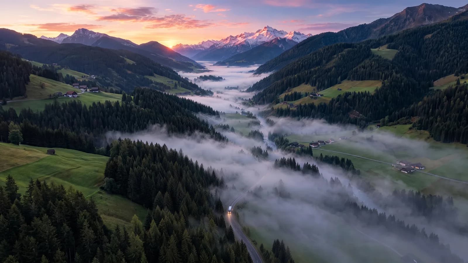 Blick über das Murtal um 4:30 Uhr, EBM-Lieferwagen unterwegs
